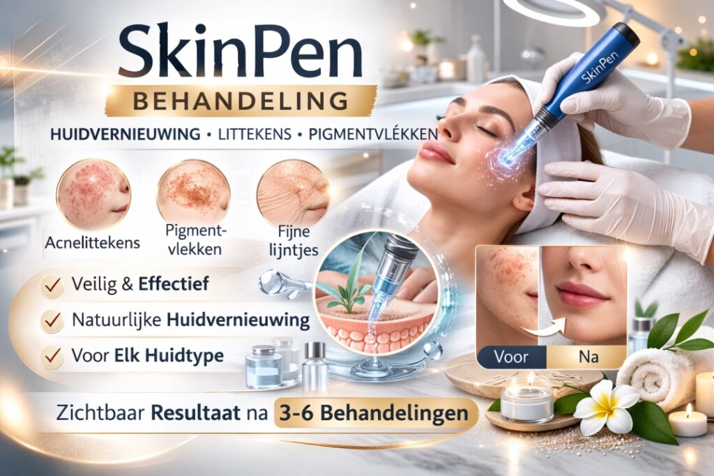 SkinPen microneedling behandeling uitgevoerd door een huidexpert bij Skin & Care, gericht op het verbeteren van huidtextuur, verminderen van pigmentvlekken en fijne lijntjes.