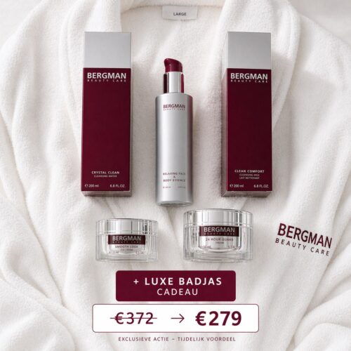 Bergman 24 Hour Guard set met luxe badjas cadeau – complete skincare routine met 24 hour guard crème, crystal clean, clean comfort, relaxing face and body essence en smooth look oogcrème