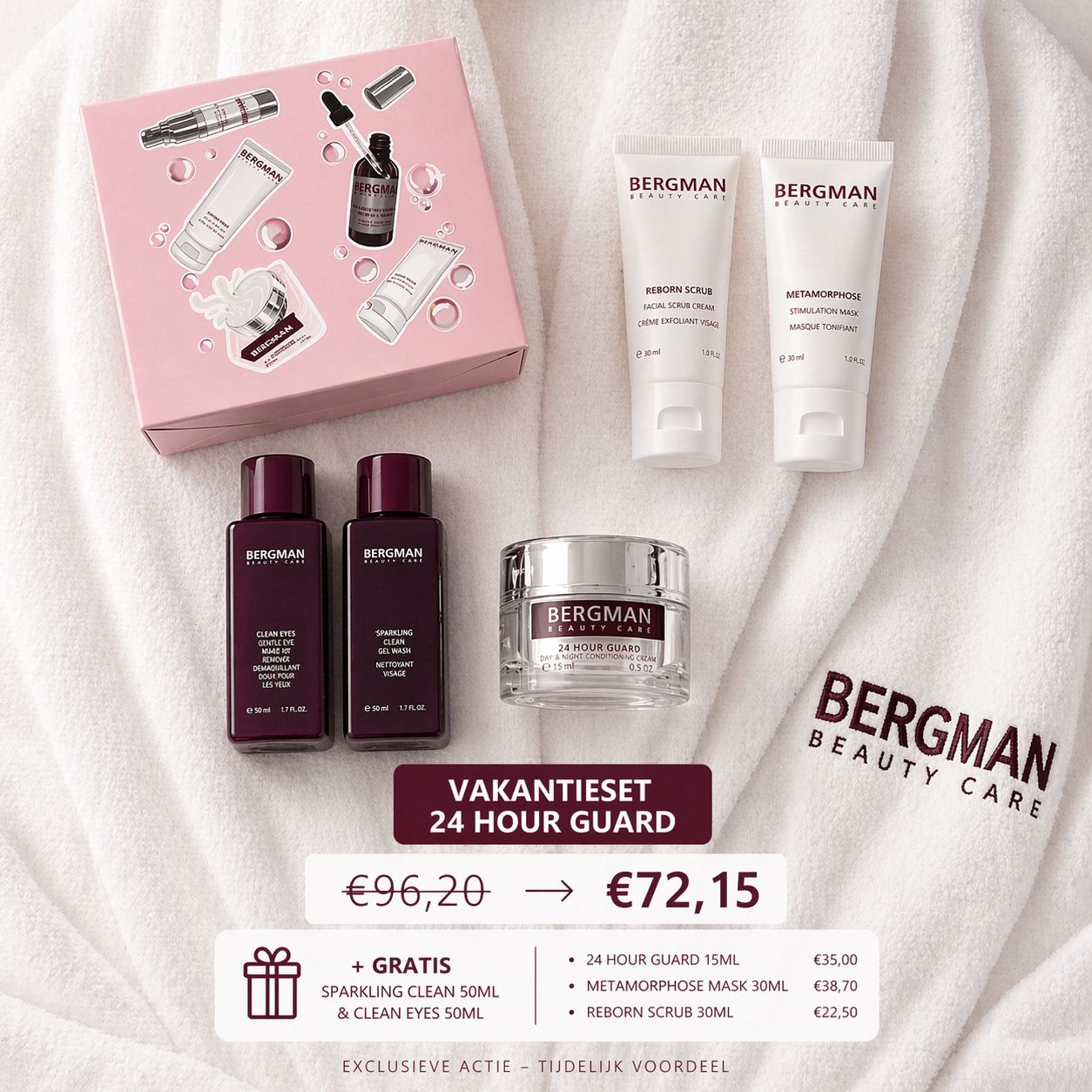 Bergman vakantieset 24 Hour Guard met crème, scrub en gratis travel sizes