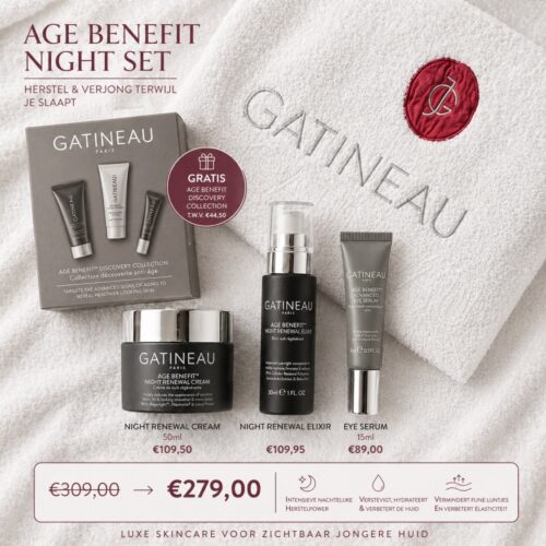 Gatineau Age Benefit Night Set met nachtcrème, elixir en oogserum op luxe handdoek voor anti-aging verzorging