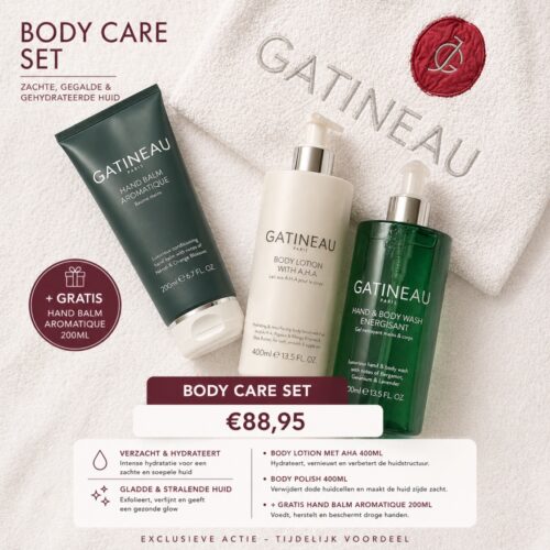 Gatineau body care set met body lotion AHA en body polish inclusief gratis hand balm