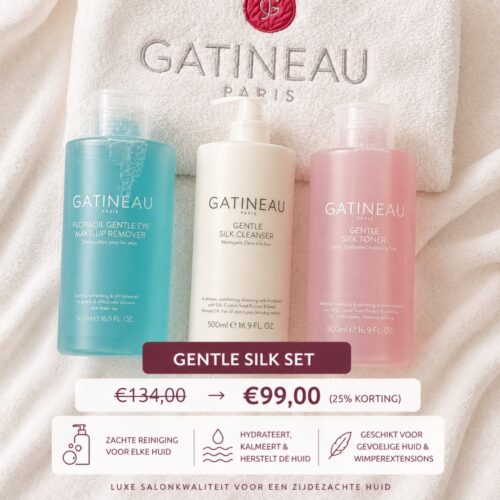 Gatineau Gentle Silk Set met toner, cleanser en eye make-up remover op luxe handdoek voor zachte huidreiniging