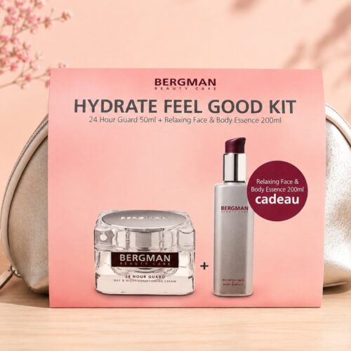 Bergman Hydrate Feel Good Kit met 24 Hour Guard Cream en gratis Relaxing Face & Body Essence in luxe toilettas.