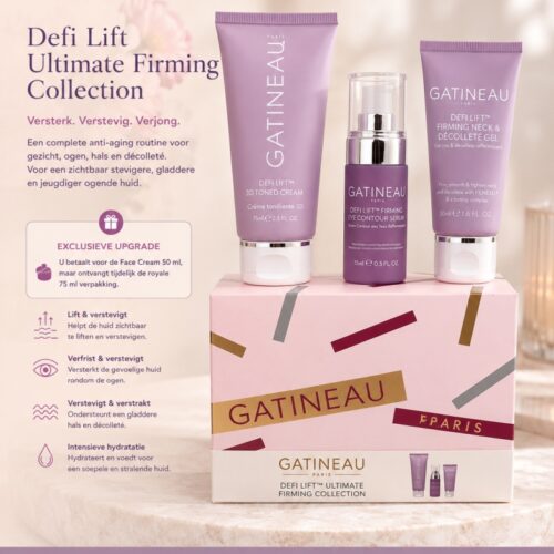 Gatineau Defi Lift Ultimate Firming Collection met verstevigende Face Cream, Eye Contour Serum en Neck & Décolleté Gel voor een gladdere en stevigere huid.